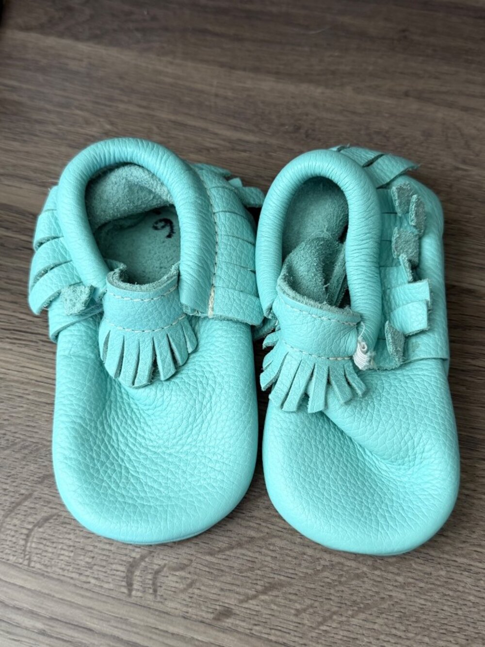 Freshly Picked Teal leather Fringe Moccasin size 6 (sample)